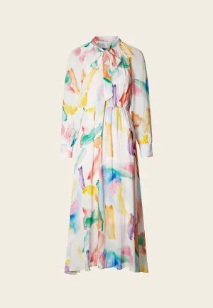 Family Style FadeResistant Color Watercolor Stroke Pussy Bow Collar Dress