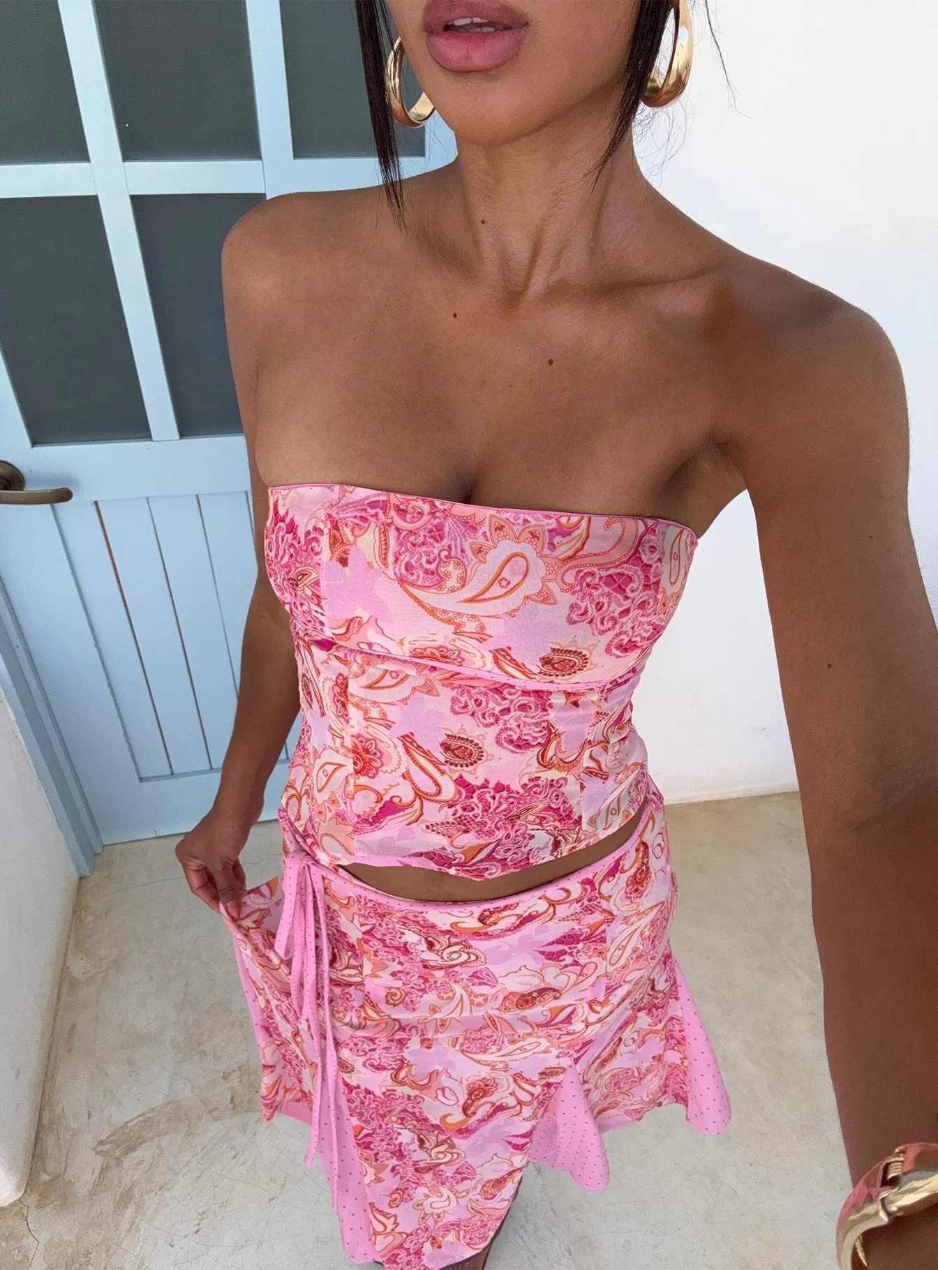 Tipsy Midi Skirt Pink Paisley Cuffed hem