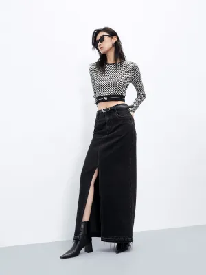 Slit Denim Skirt in Cotton Curvy Fit Chic casual