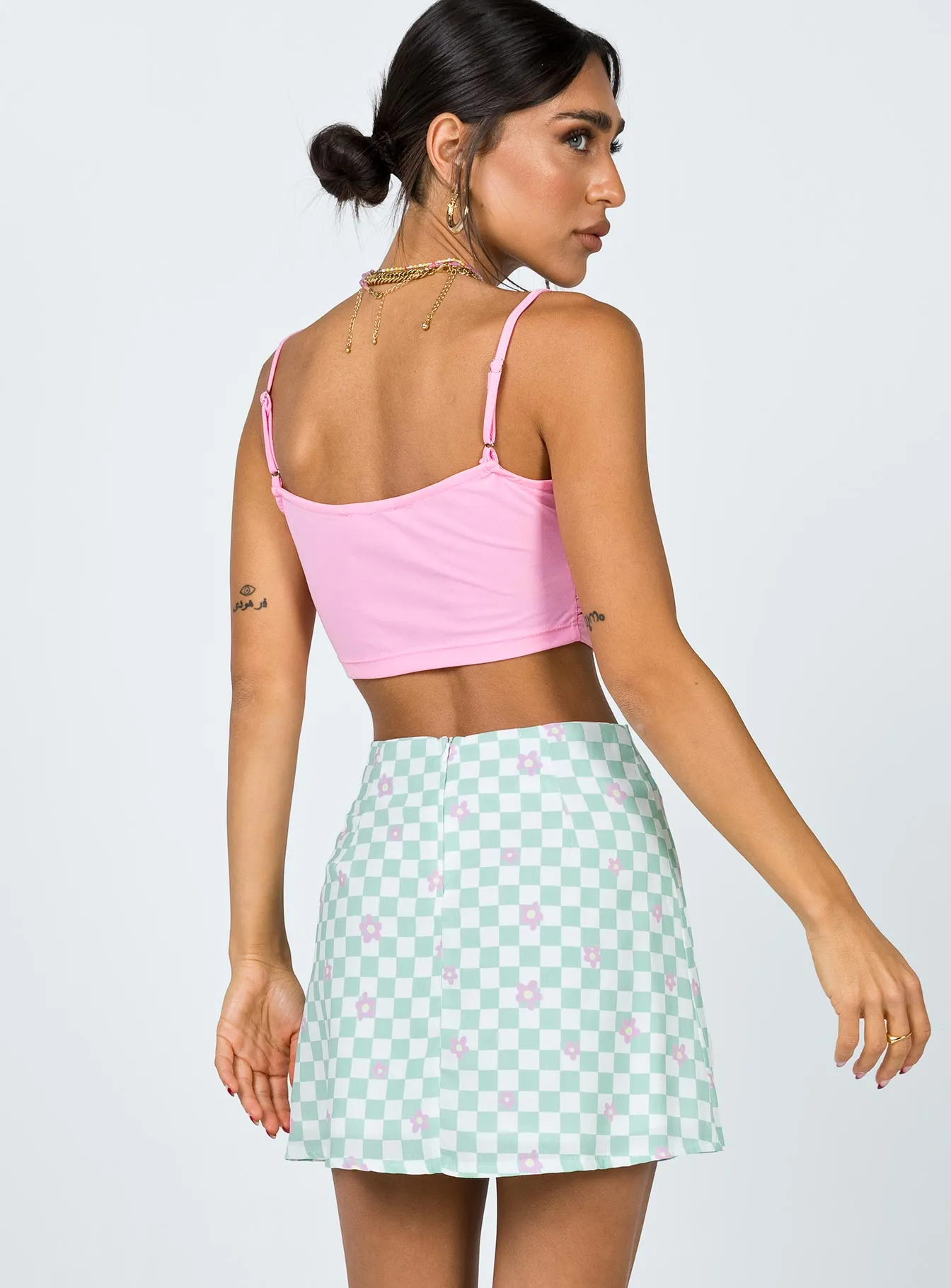 Trendy Style High Street Chic Selby Mini Skirt Green Floral Check