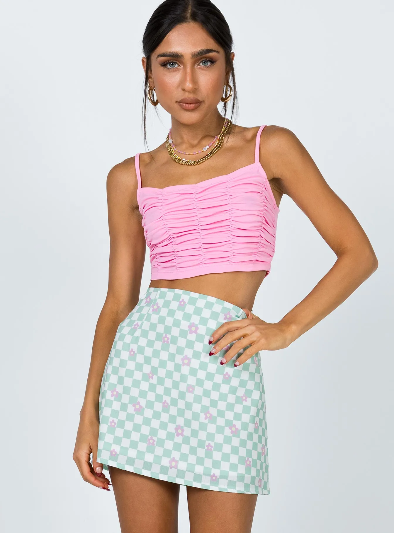 Selby Mini Skirt Green Floral Check Cultural Event