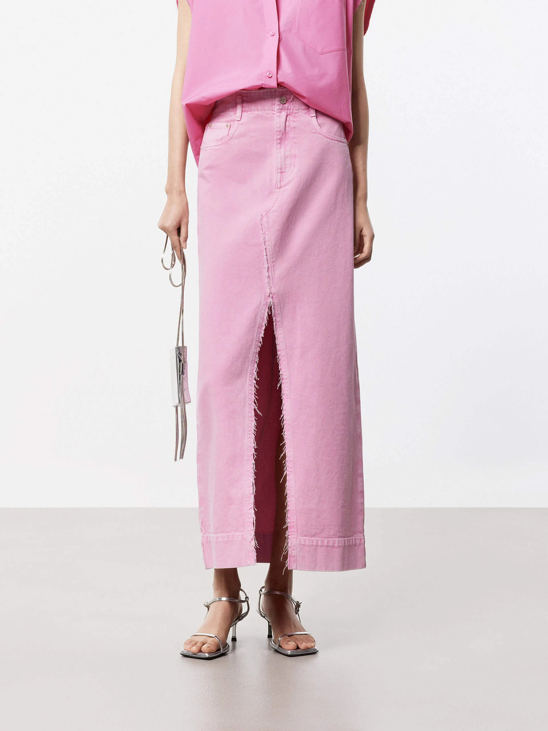 Front Slit Pink Skirt Weekend Outfit Embossed Detail