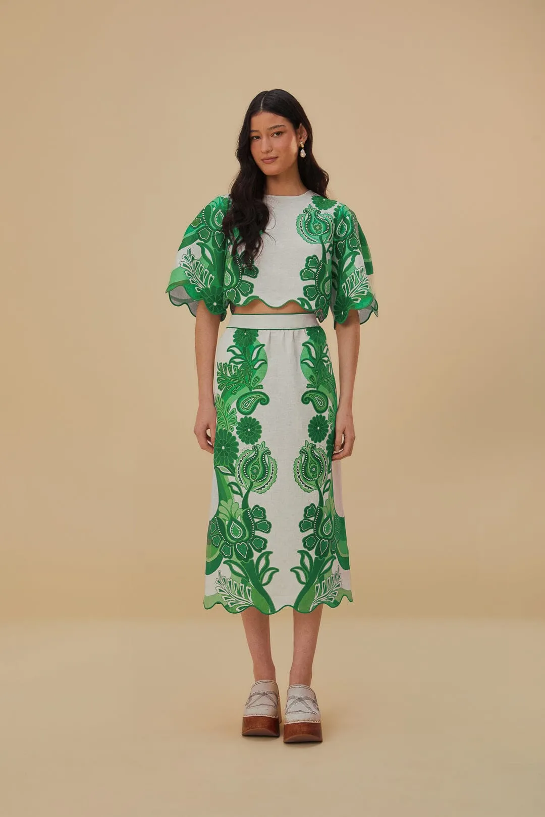 Texture Play Neutral Wear Green Color Festival Euroflax? Midi Skirt