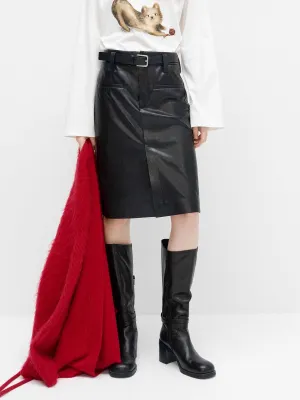 PU Leather Straight Midi Skirt Neutral Wear Polished Touch