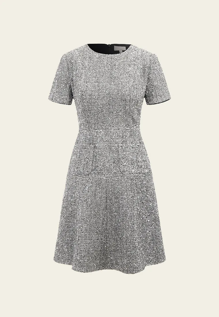 mesh ventilation ShrinkResistant Silver Lurex Tweed Midi Dress