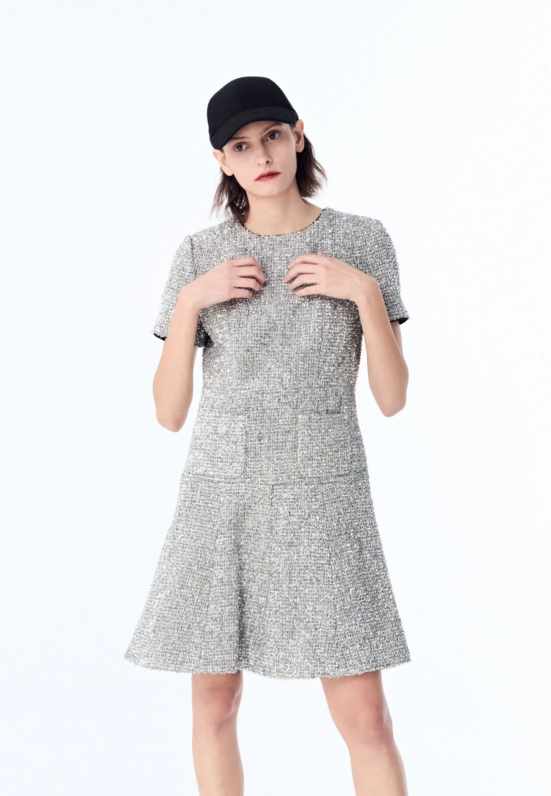 Silver Lurex Tweed Midi Dress FlexibleMaterial EcoDyeProcess