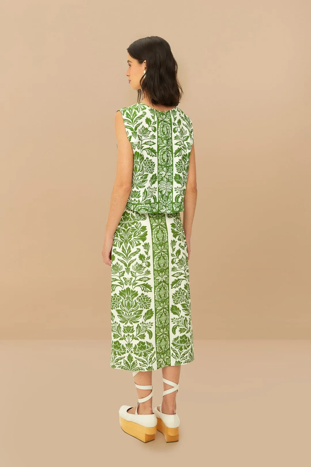 Green Delicate Tapestry LENZING? ECOVERO? Euroflax? Midi Skirt Adjustable Waist Creative Look
