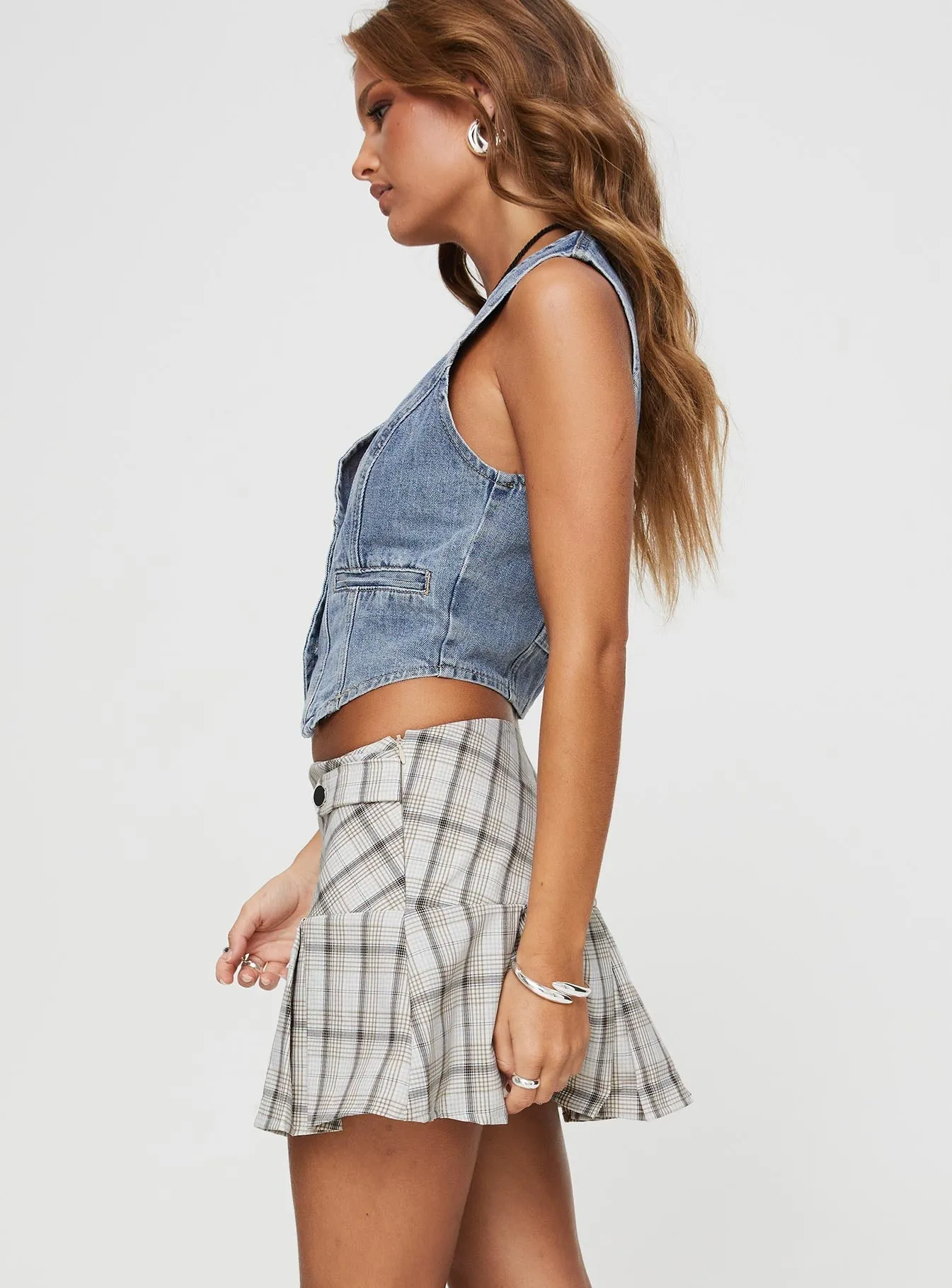 Santaigo Pleat Mini Skirt Neutral Check Functional Fashion