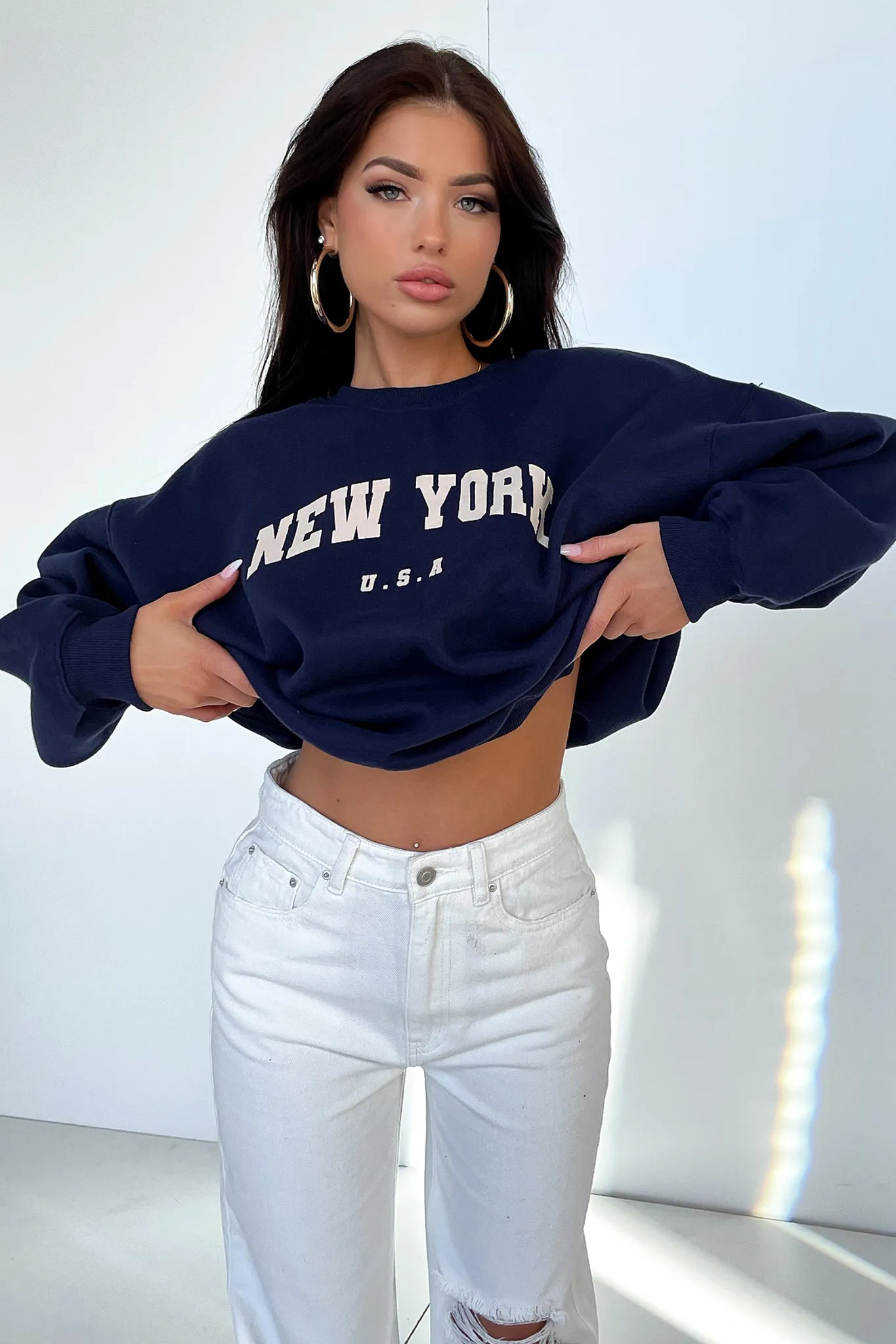 Street Style Varski Semi-Wide Leg Jeans - White