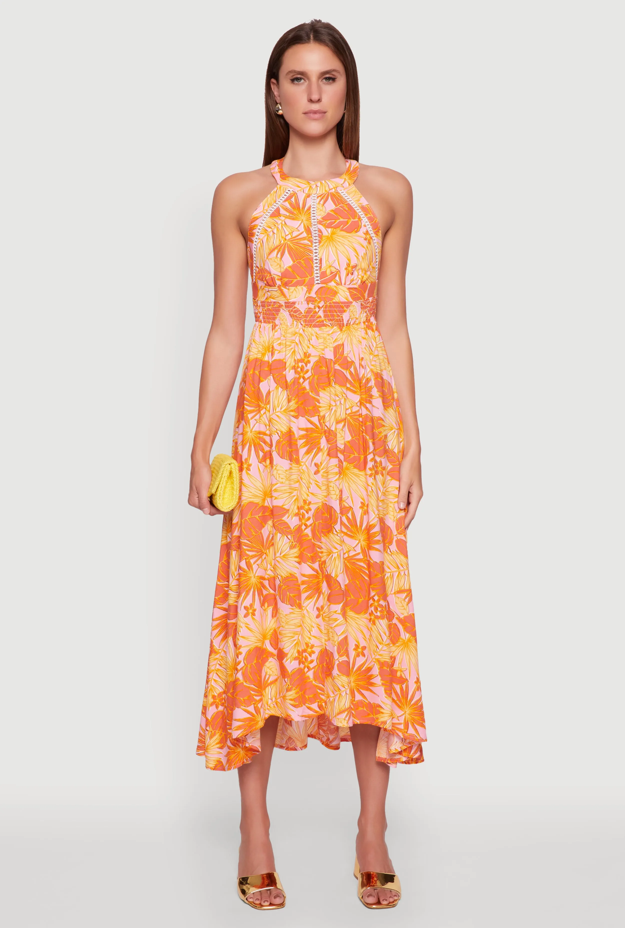 Urban Ethnic Iris Leaf Print Halter Dress with Crochet and Smocked Details