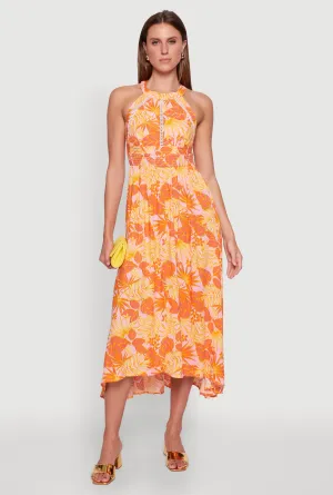 Iris Leaf Print Halter Dress with Crochet and Smocked Details Heat Wave