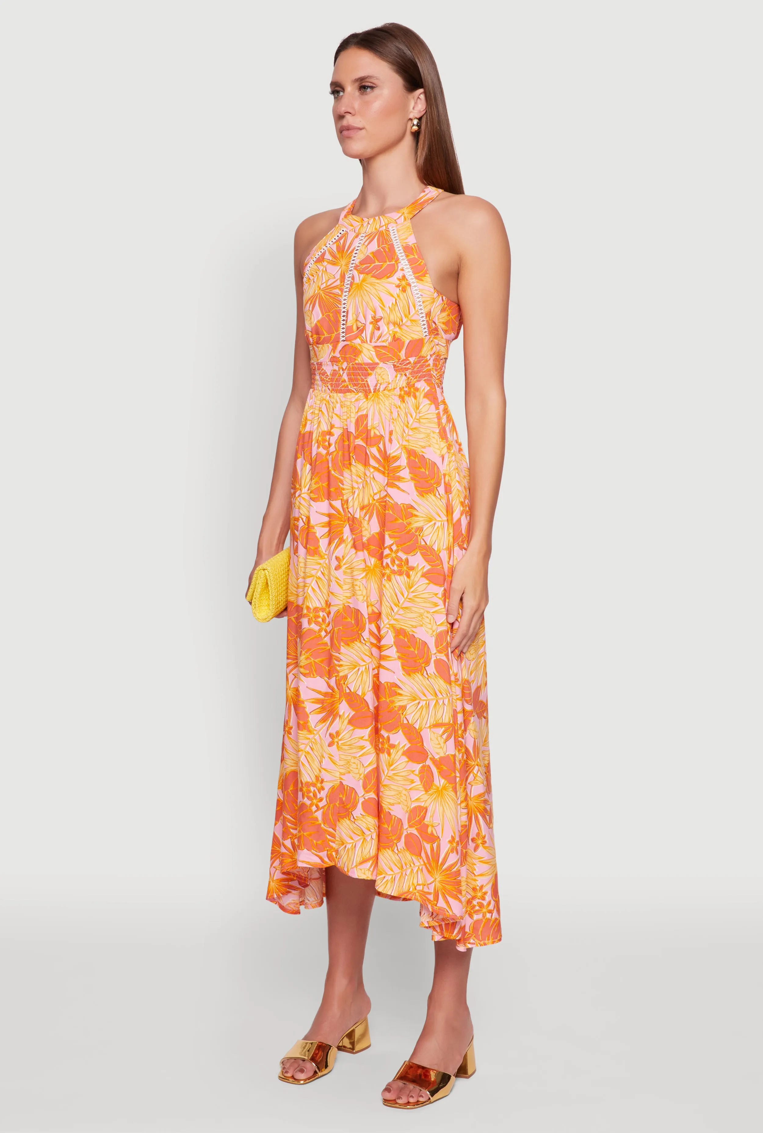 Iris Leaf Print Halter Dress with Crochet and Smocked Details Feel Good