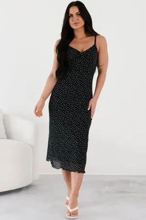 Just One Smile Polka Dot Midi Dress (Black/White) Statement pattern knee-length dress Maternity Look