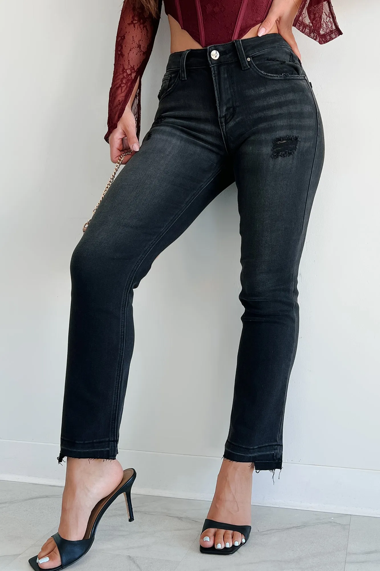 Dawes Mid Rise Uneven Hem Risen Straight Leg Jeans (Black) Low Maintenance Fabric