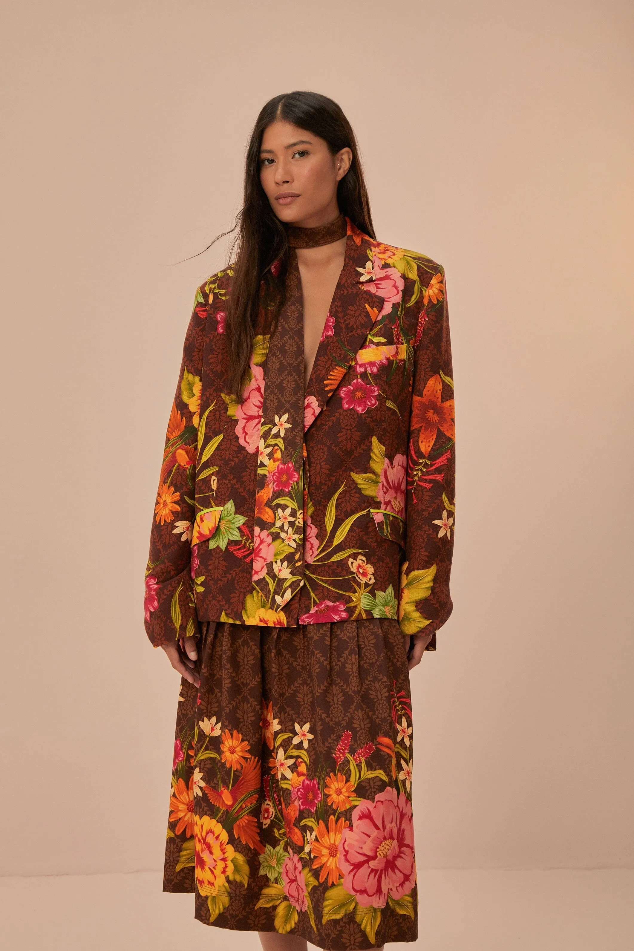 Brown Charming Garden Midi Skirt City Look Trendy Outfit