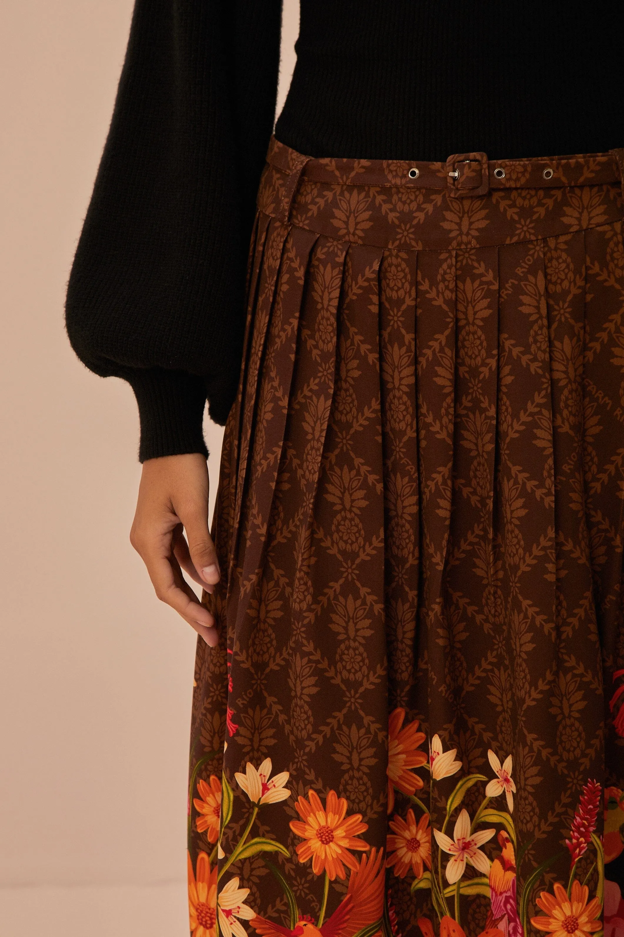 Cozy Feel Chafe Resistant Brown Charming Garden Midi Skirt