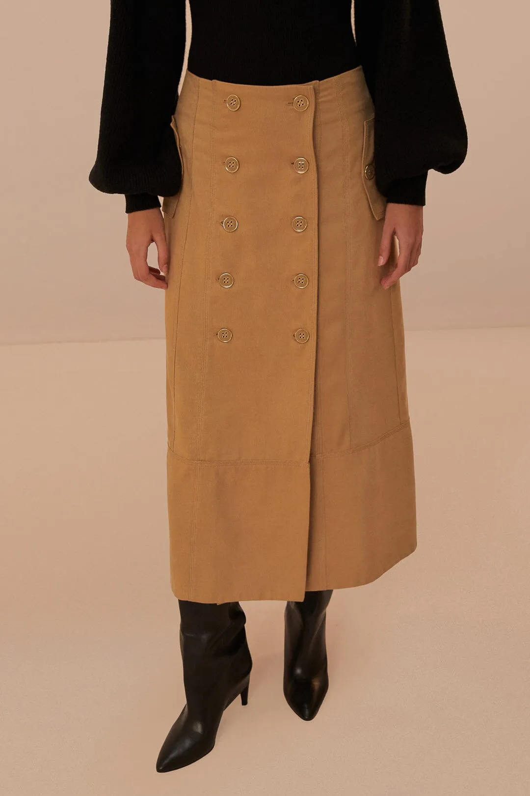 Brown Yoked Midi Skirt Wrap Closure High End Quality