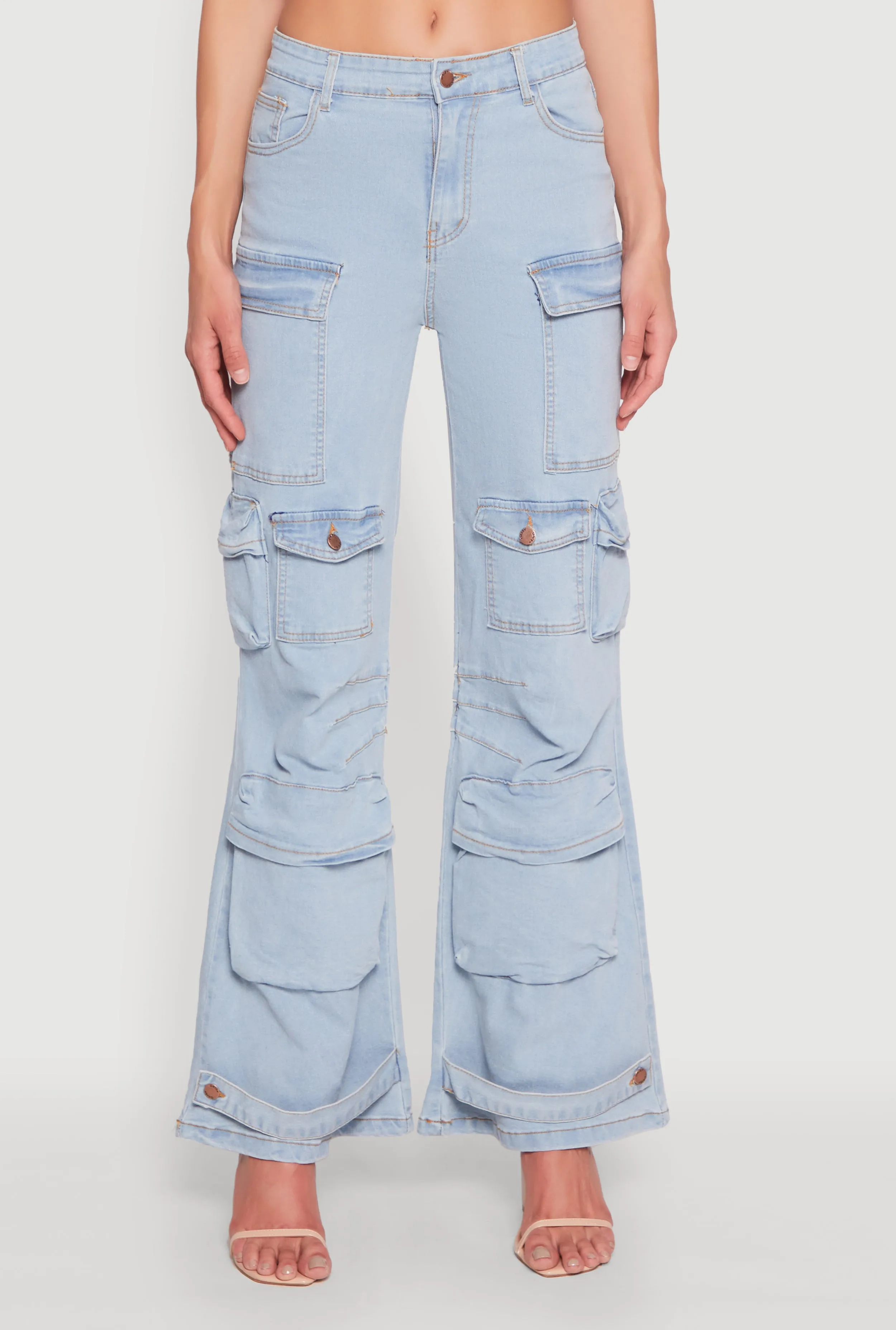Sunny Vibes Office Wear Classic Wear Textured Daisy Cargo Pocket Flare Jeans