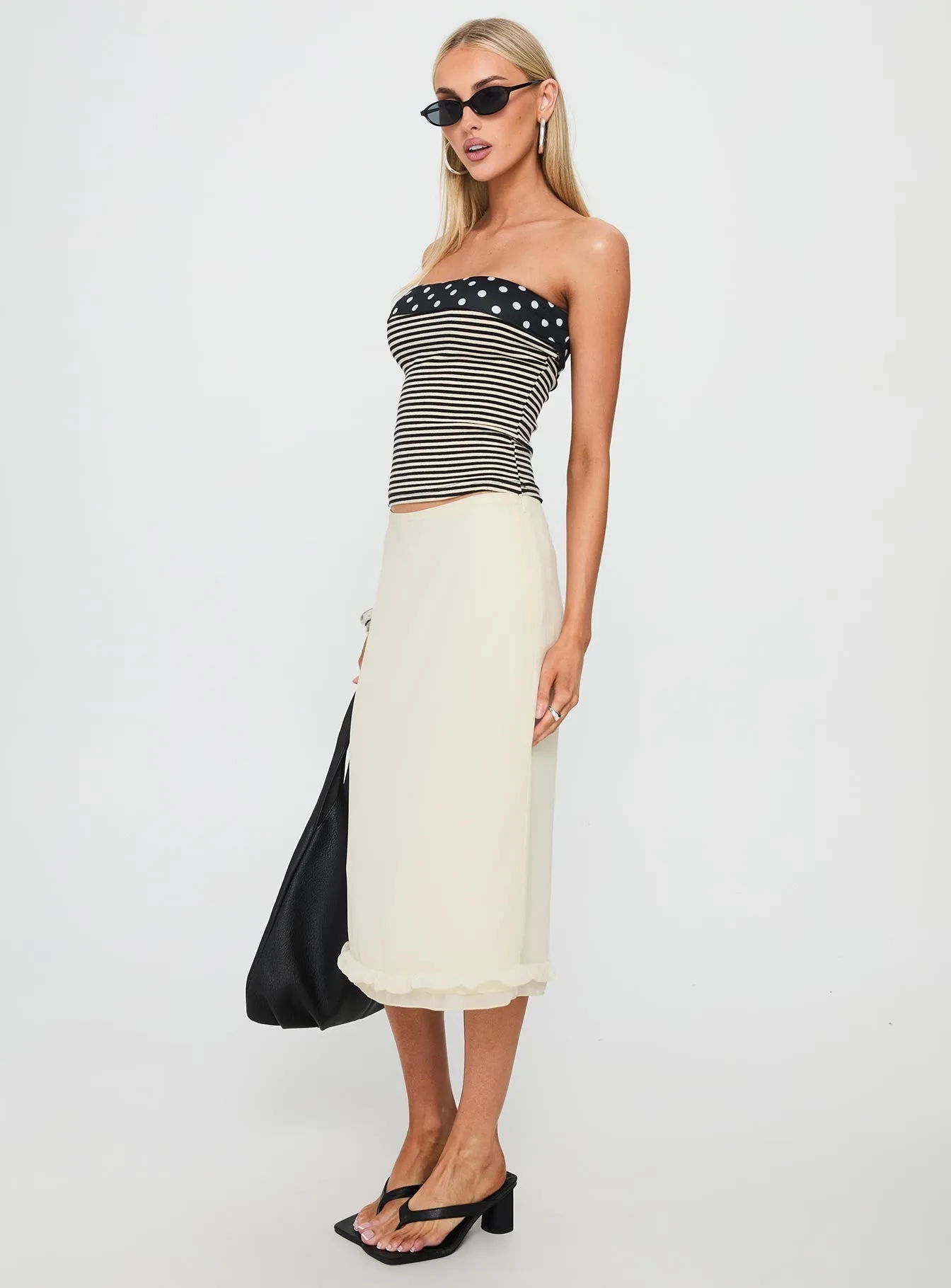 button detail Polka Dot Rosette Frill Midi Skirt Cream