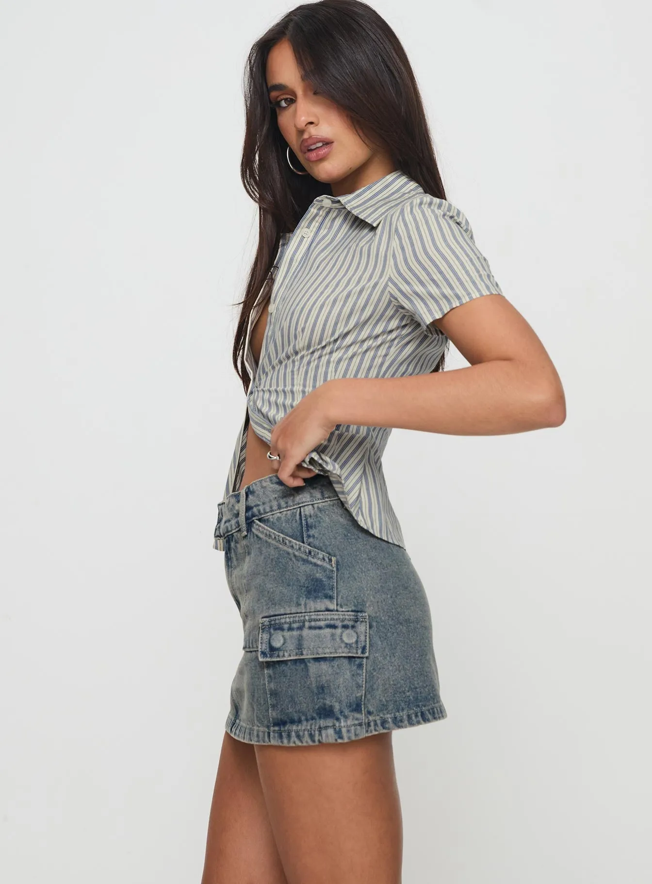 Calixta Denim Mini Skirt Washed Blue elastic waistband
