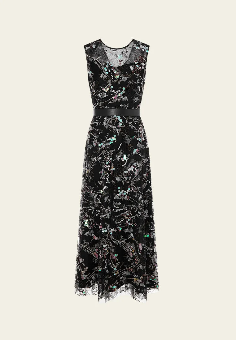 Glamorous Sequin-embellished Sleeveless Mesh Dress Wind Glow Cozy Vibe