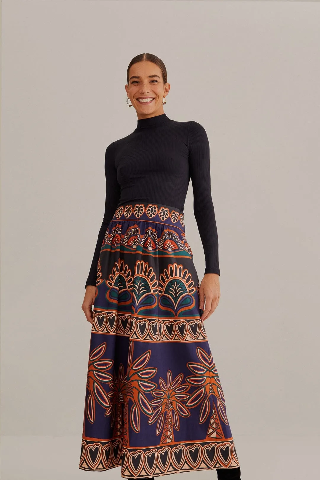 Adjustable Waist Slim Fit Band Orange Ainika Tapestry Midi Skirt