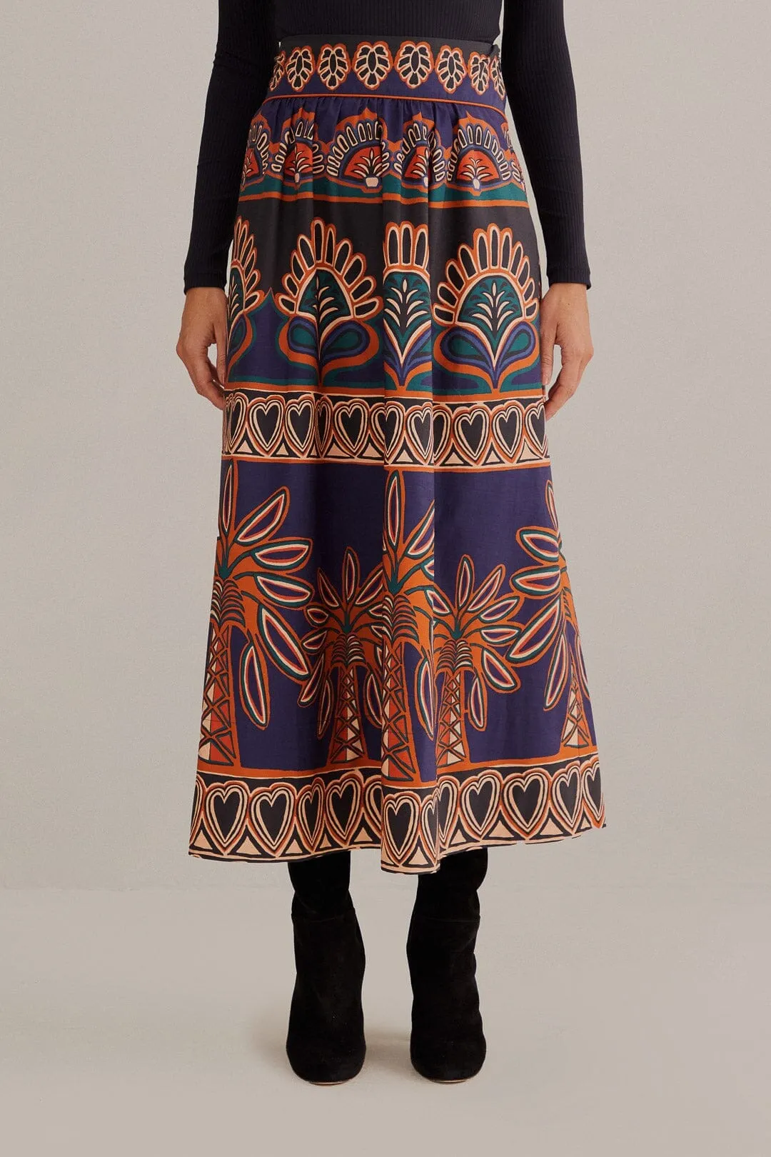 Crisp Details Unique Feature Orange Ainika Tapestry Midi Skirt