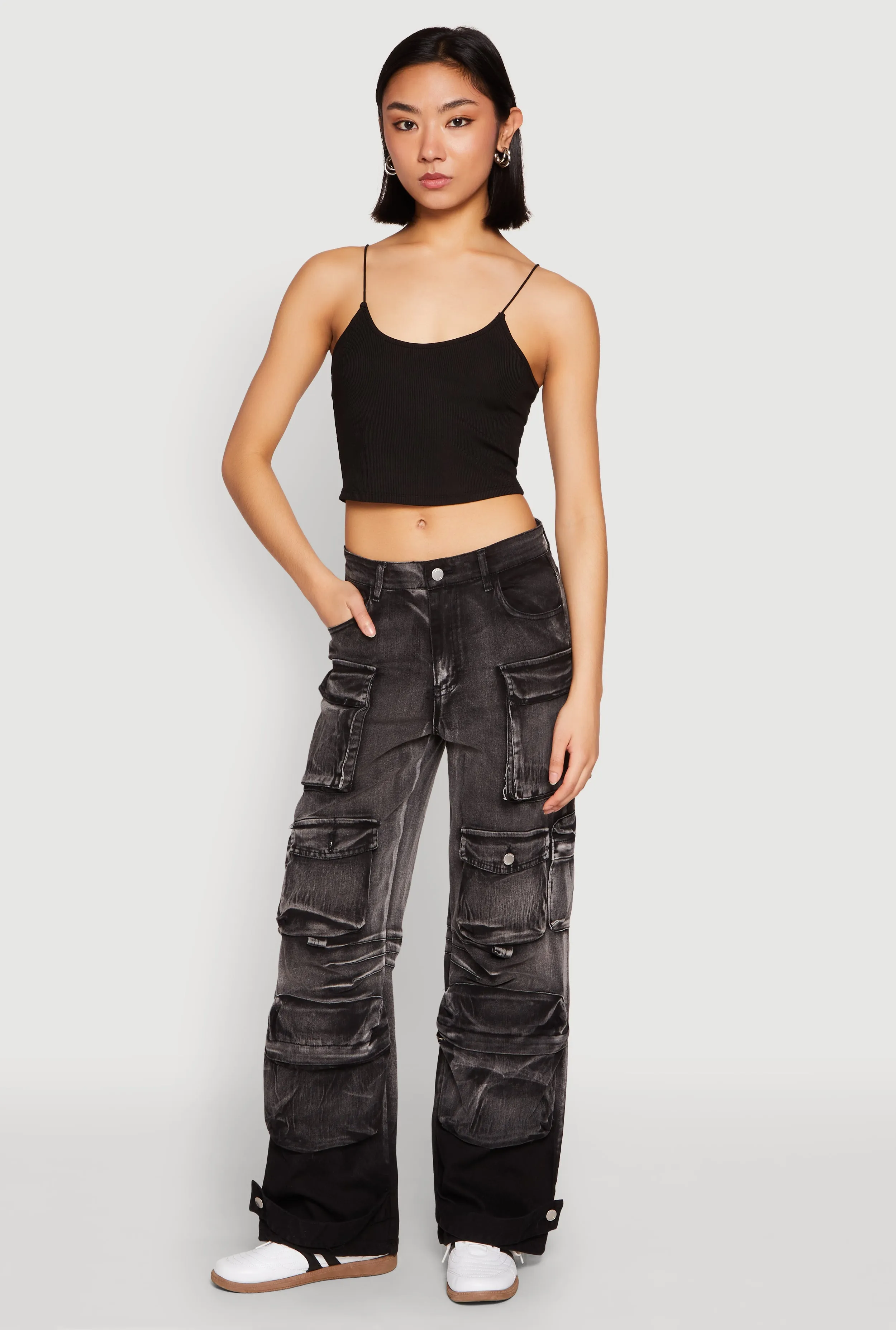 Basic Attire Always Stylish Daisy Mineral Wash Multi Pocket Cargo Jeans