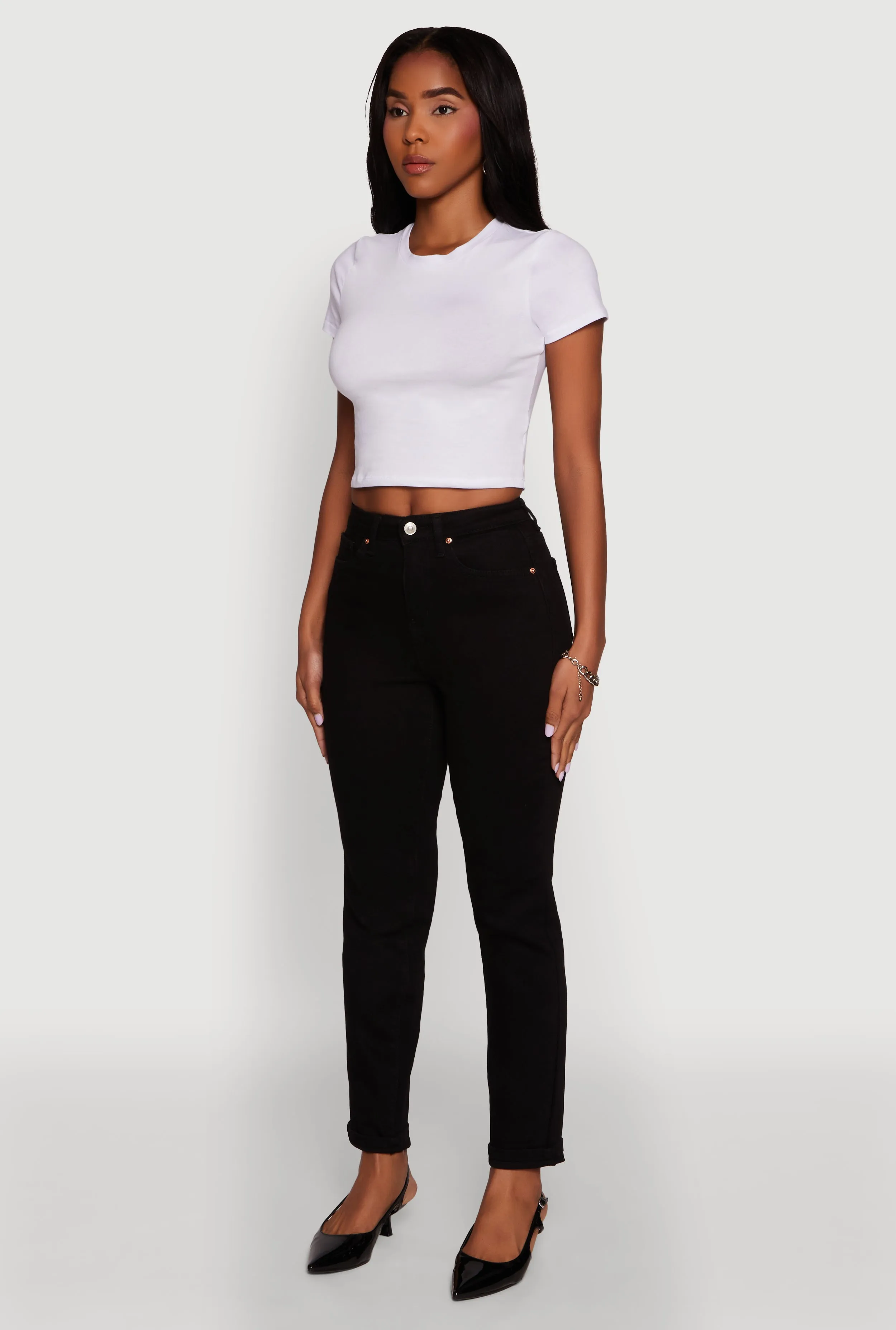 Easy Essentials Morning Ready WAX Stretch Rolled Cuff Mid Rise Mom Jeans