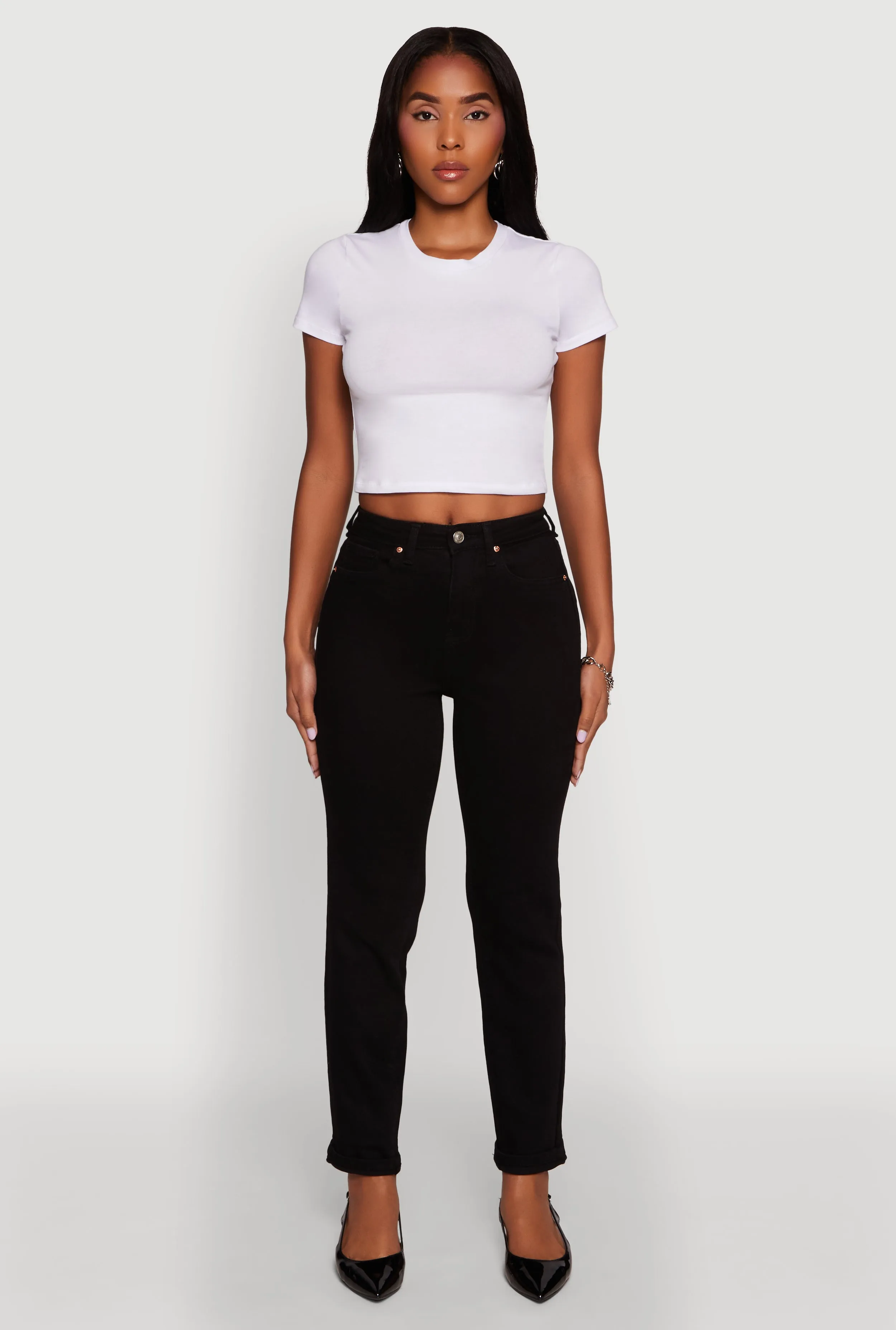 Timeless Cut Casual Wear WAX Stretch Rolled Cuff Mid Rise Mom Jeans