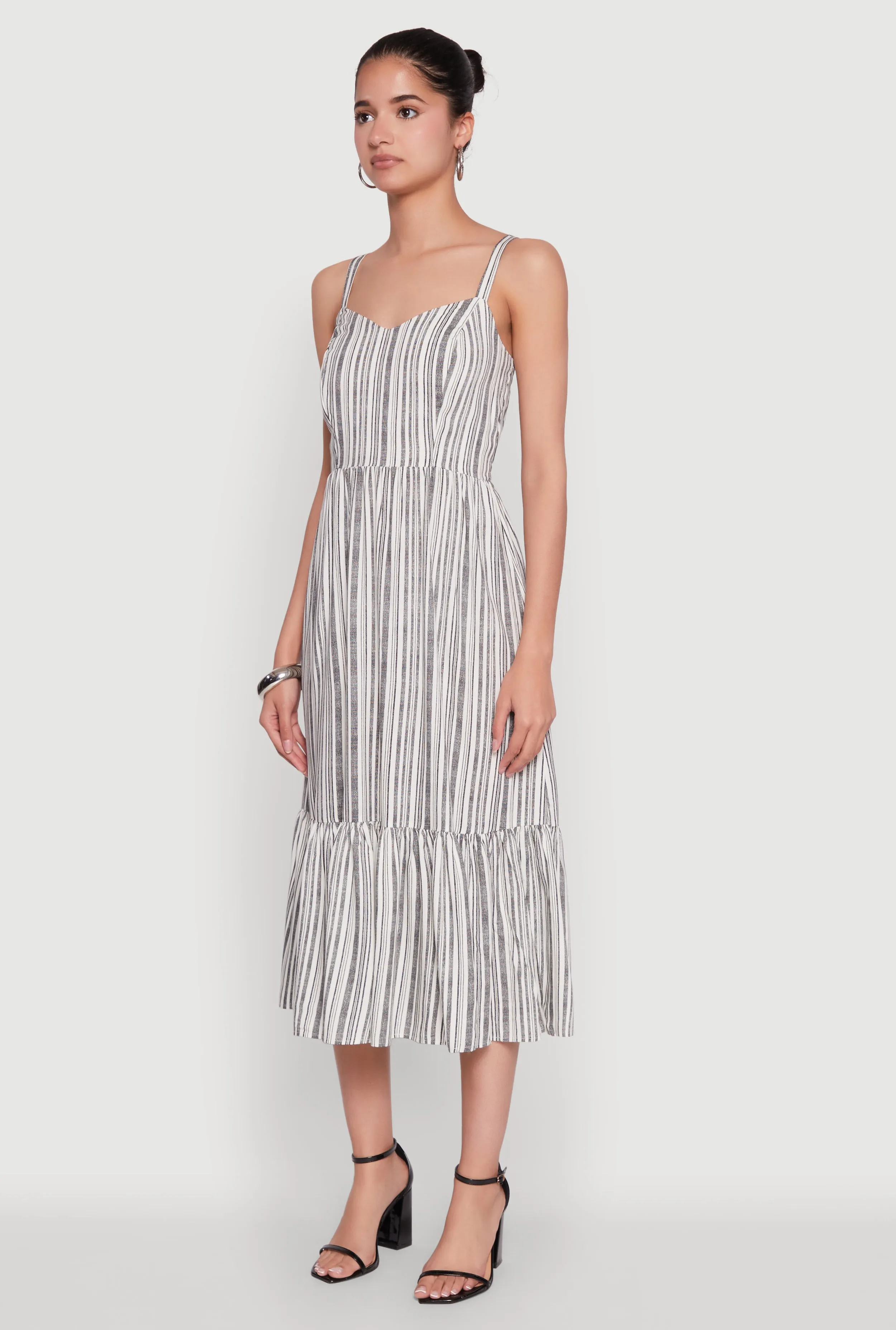 Striped Tiered Cami Dress with Sweetheart Neckline Alley View