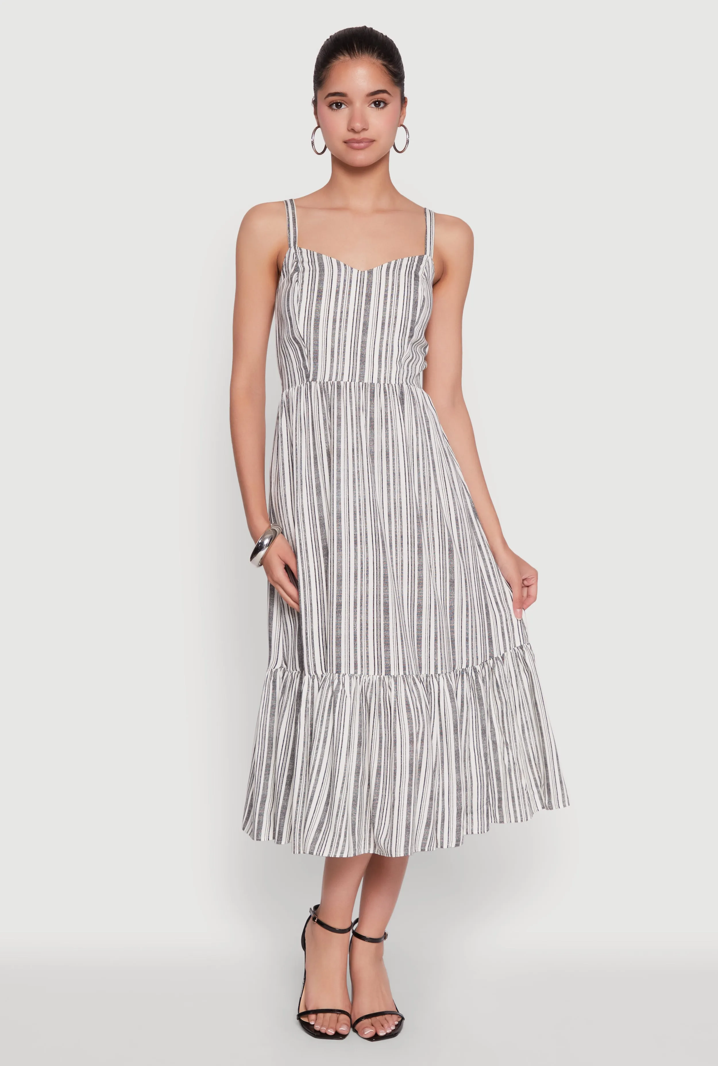 Flattering midi silhouette Striped Tiered Cami Dress with Sweetheart Neckline