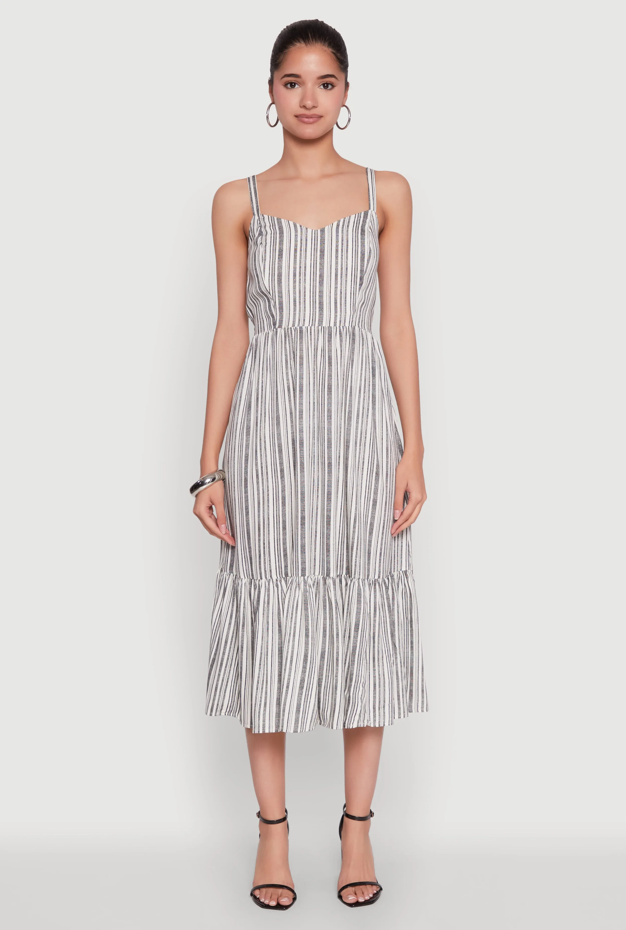 Modern feminine style Young Professional Striped Tiered Cami Dress with Sweetheart Neckline