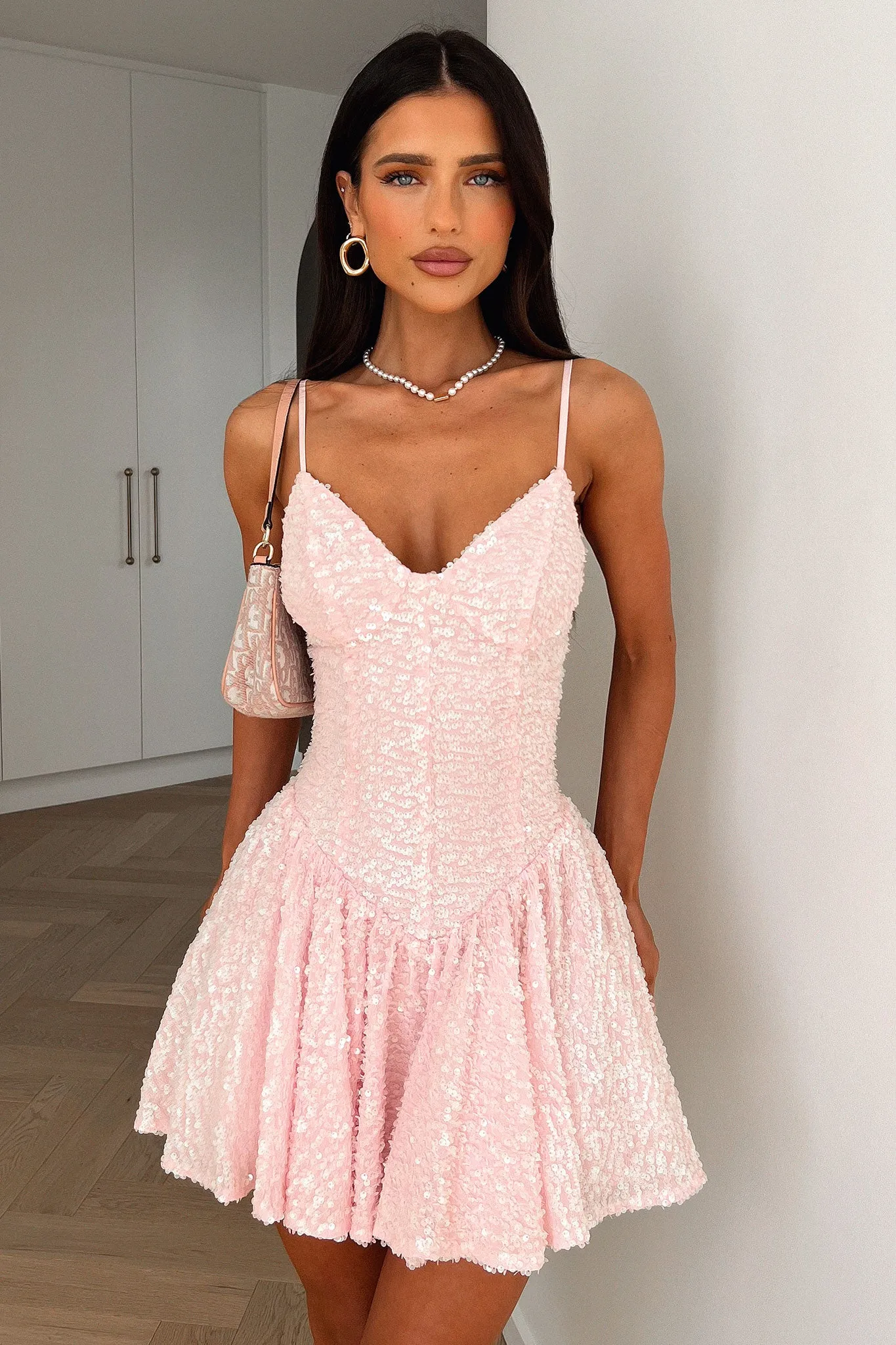 Timeless Fashion Mercedes Sequin Mini Dress - Baby Pink
