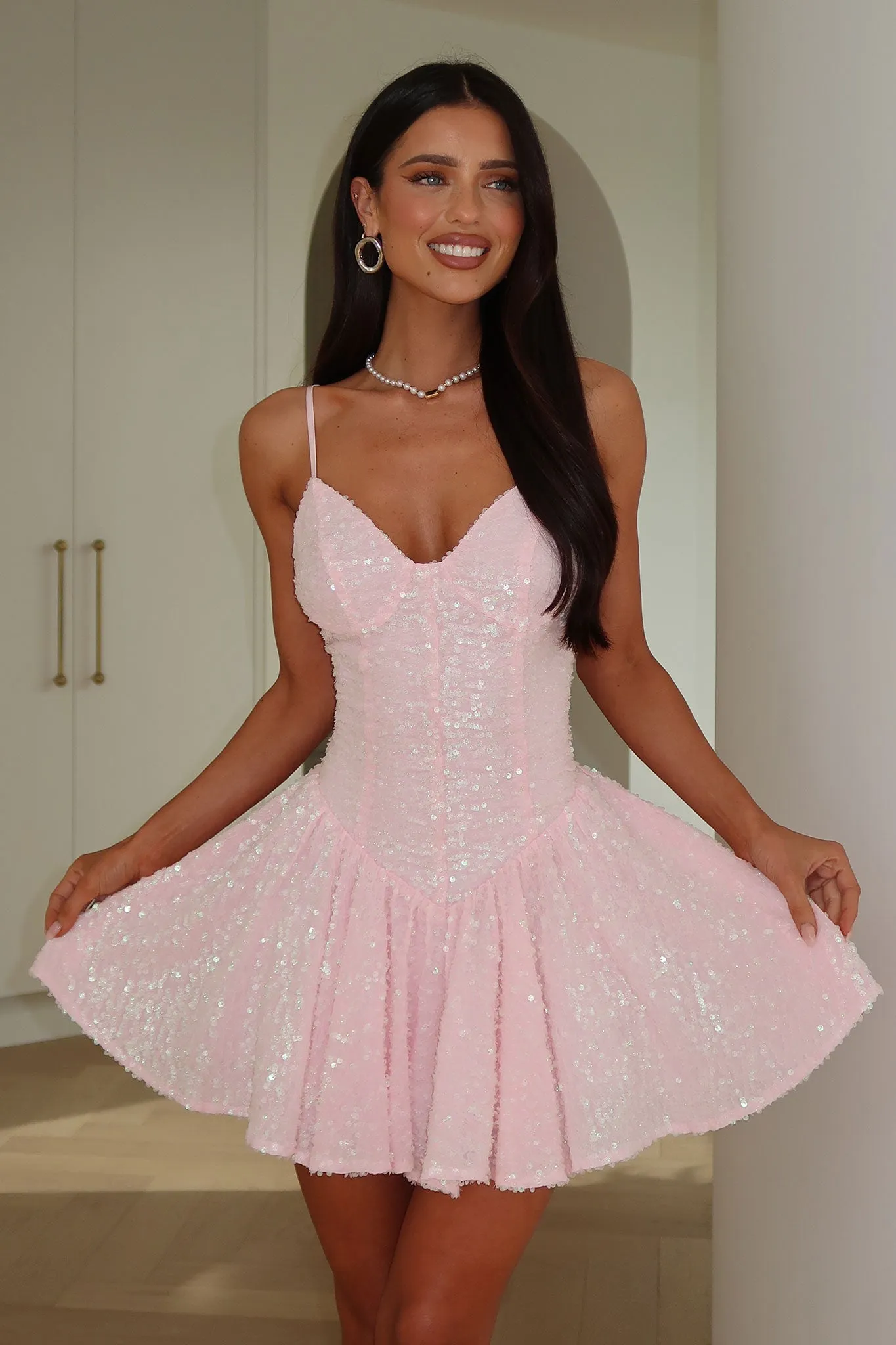 Mercedes Sequin Mini Dress - Baby Pink Pop Soft
