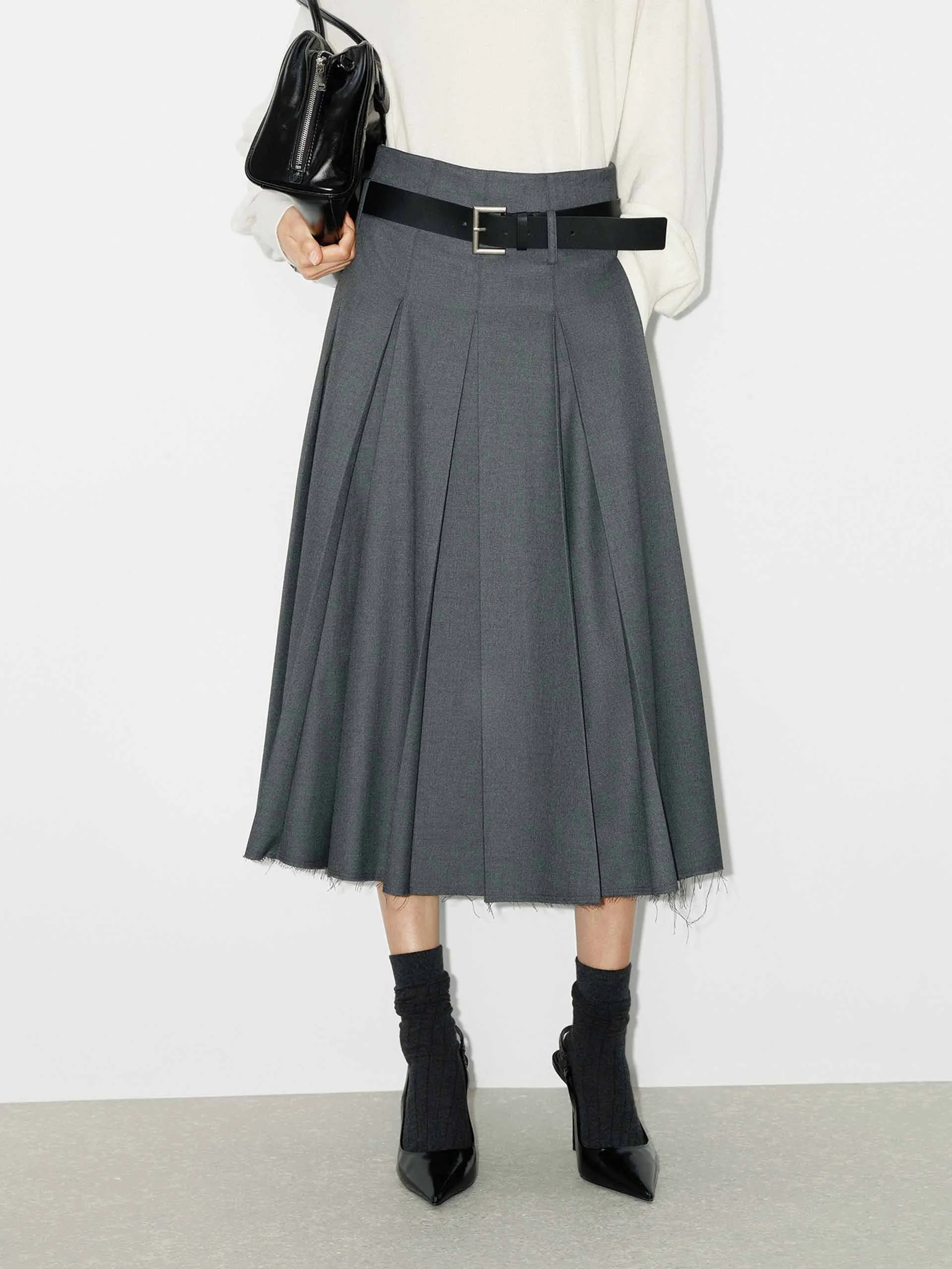 Raw Hem Pleated Skirt Polka Dot Soft Texture