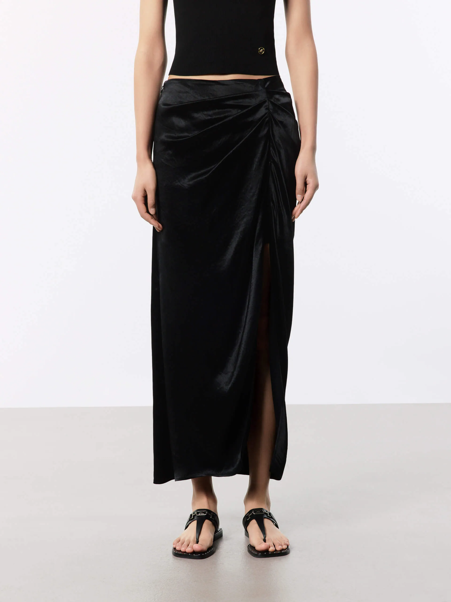 Gathering Detail Satin Skirt Secure Closure Sleek Flow