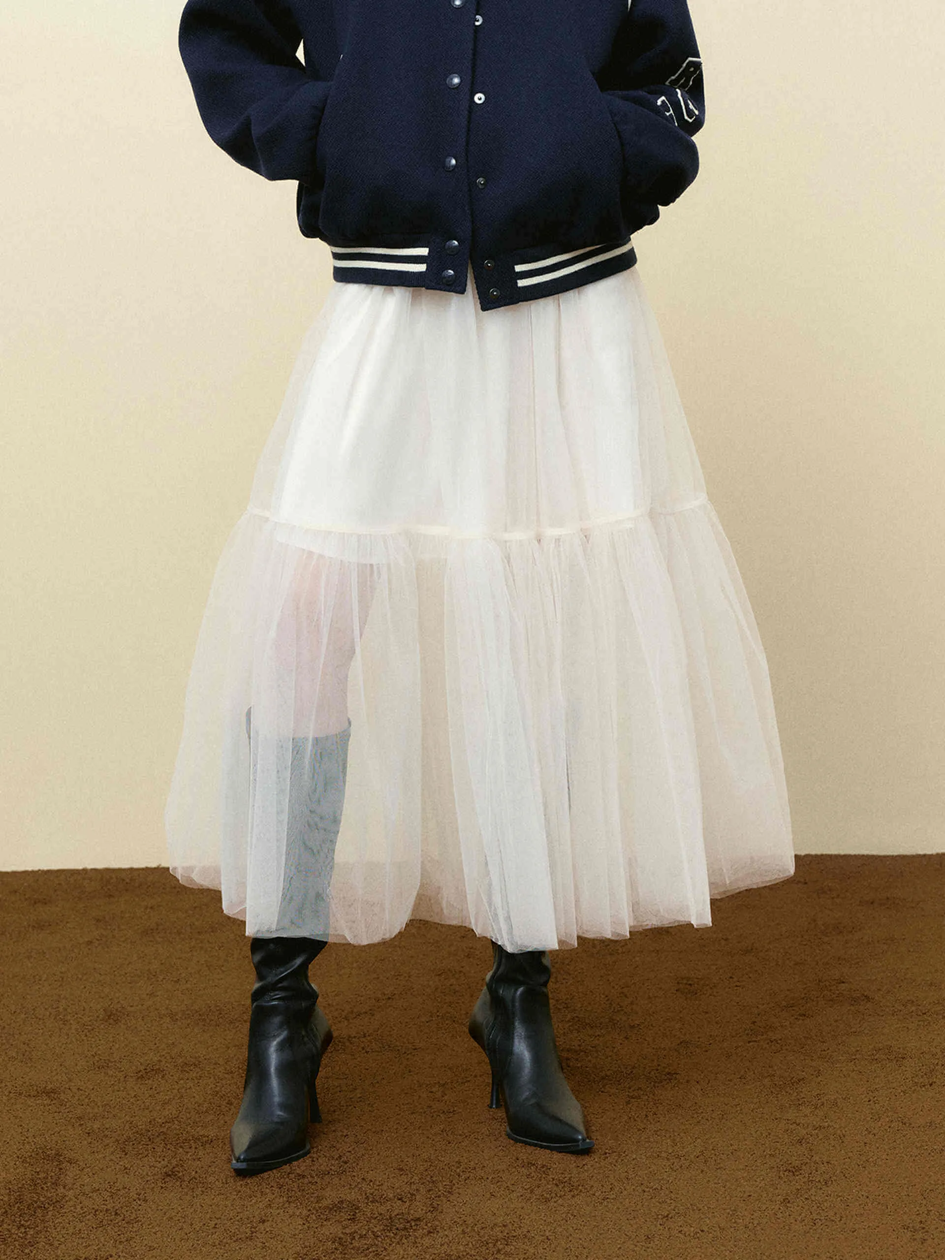 Elastic Tulle Midi Skirt Ruching Details