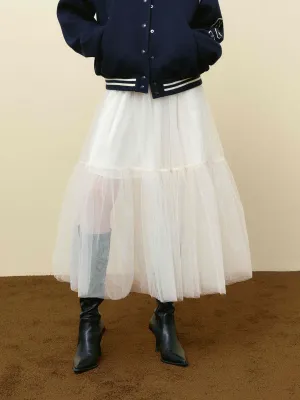 Elastic Tulle Midi Skirt Ruching Details