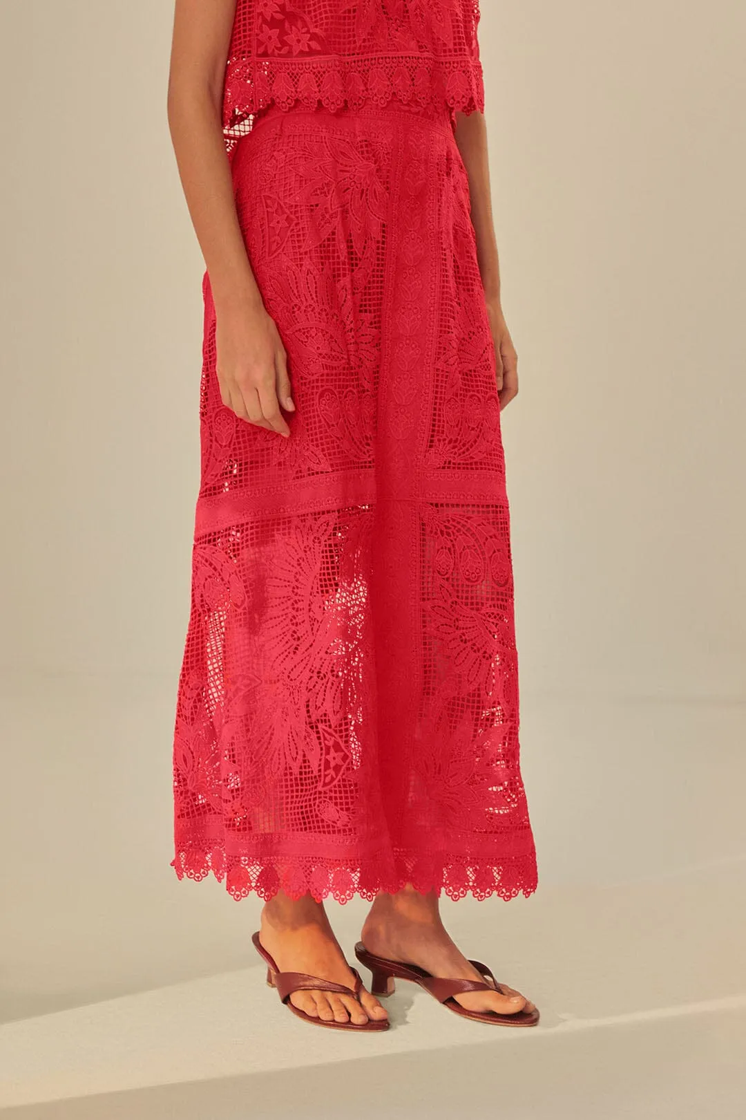 Red Toucan Guipure Midi Skirt Layered Design
