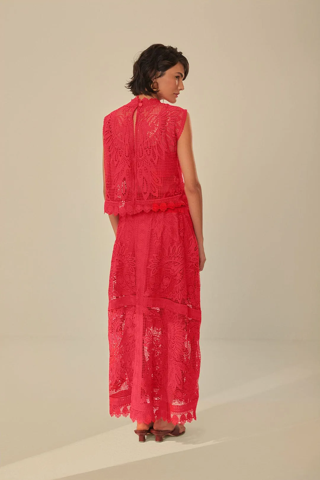 Red Toucan Guipure Midi Skirt Handmade Item