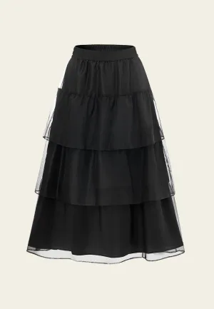 DoubleLayered Collar Elasticated-waistband Layered Maxi Mesh Skirt Black