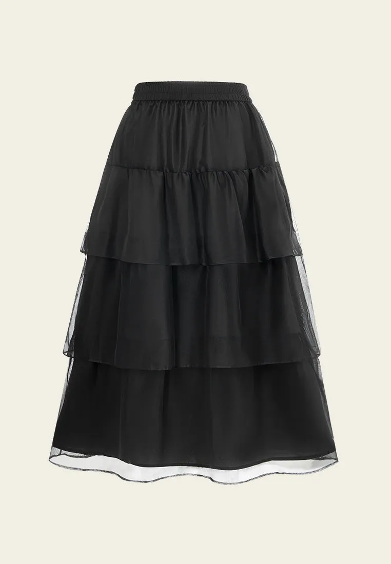 Elasticated-waistband Layered Maxi Mesh Skirt Black DoubleStitchReinforcement