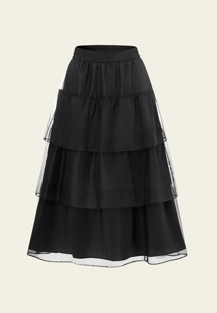 DoubleLayered Collar Elasticated-waistband Layered Maxi Mesh Skirt Black
