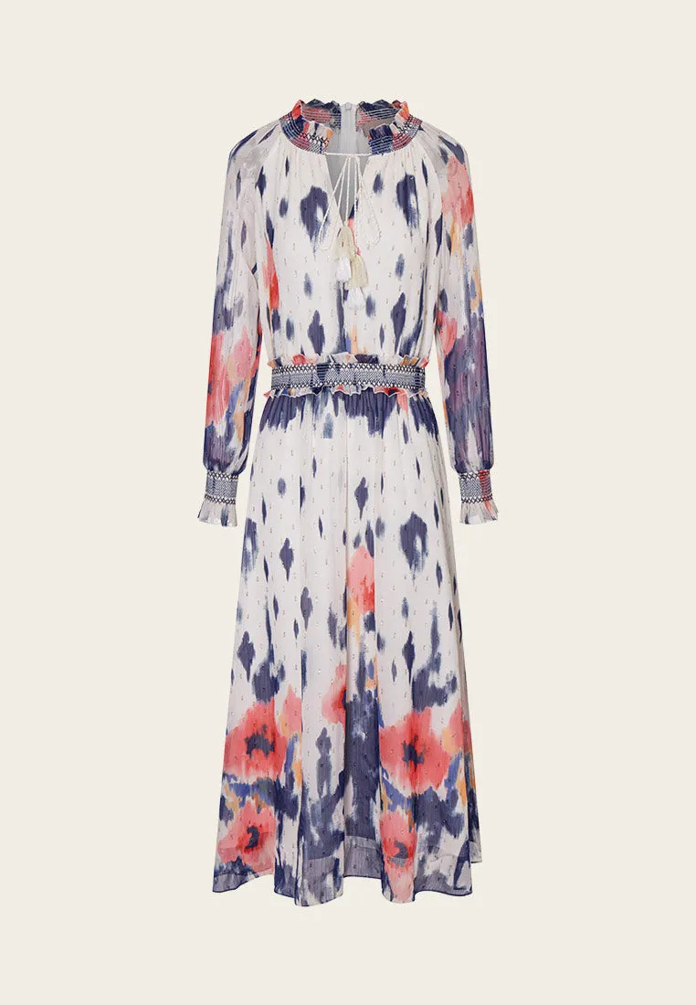 FlexibleCollarDesign Hotel Style Watercolor Floral Pattern Chiffon Midi Dress