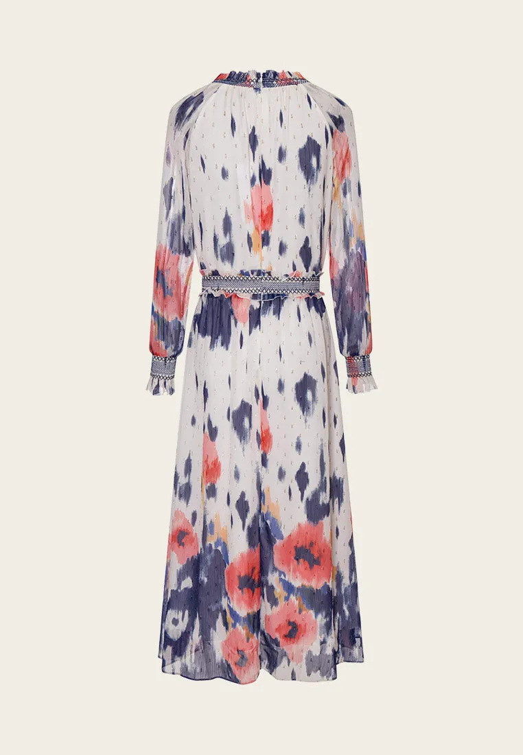 Global Edge Watercolor Floral Pattern Chiffon Midi Dress