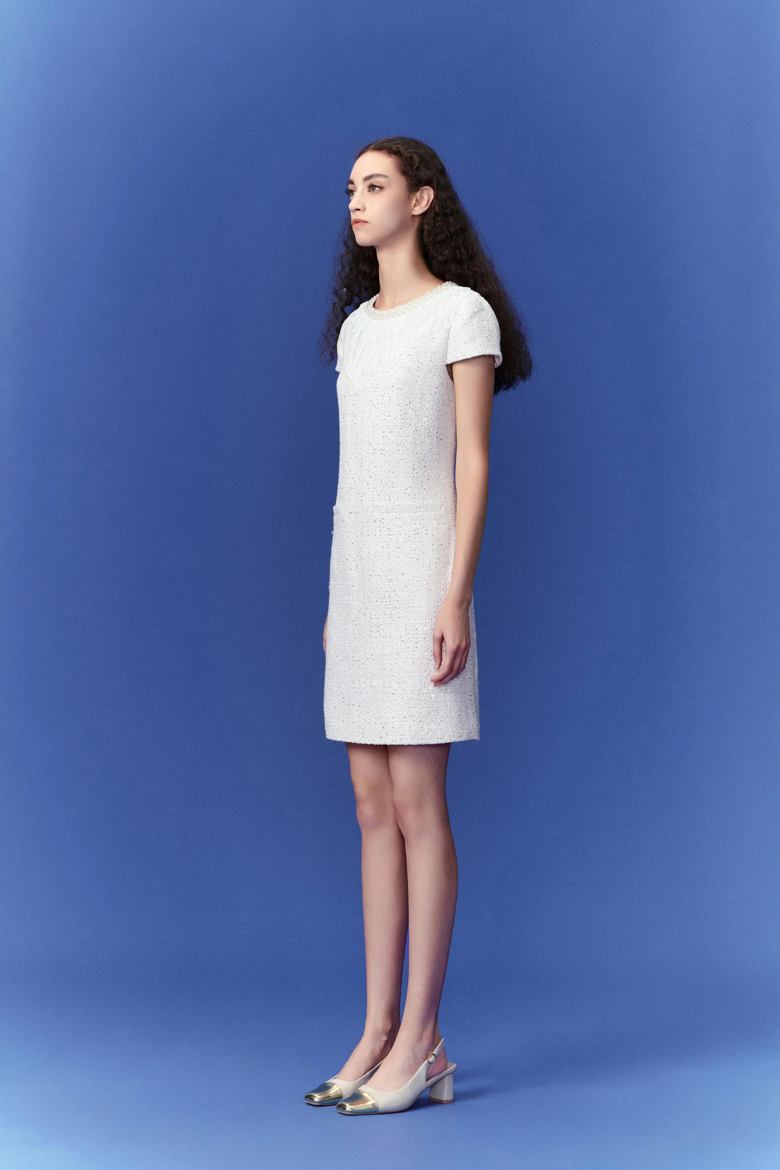 Dignified Cap-sleeve Patchwork-detail Dress Heavy Silk ComfortStretch