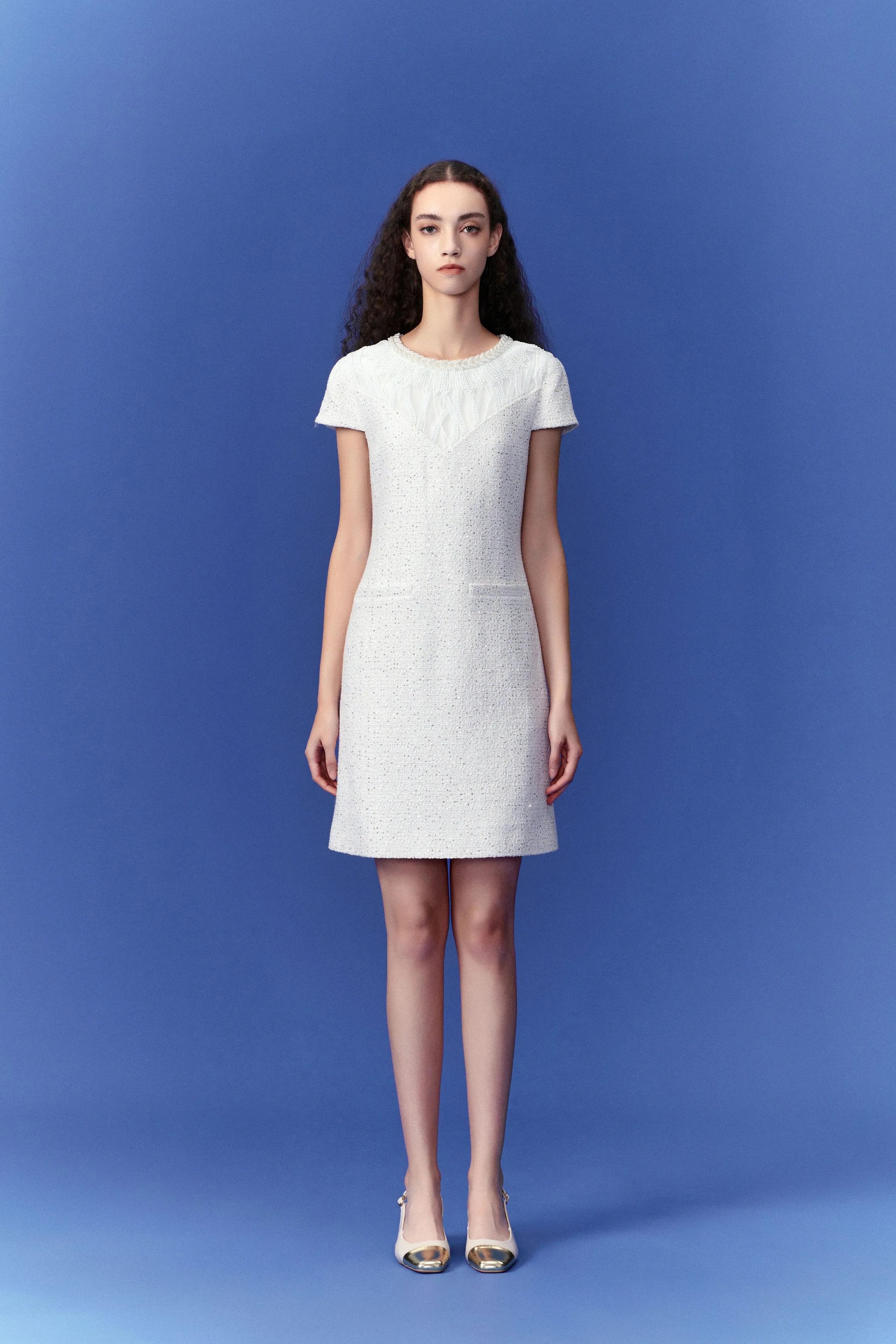 UVProtectionFabric Dignified Cap-sleeve Patchwork-detail Dress