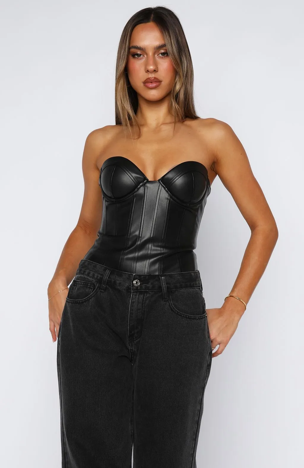 Non Iron Fabric Honestly I Do Strapless PU Bodysuit Black