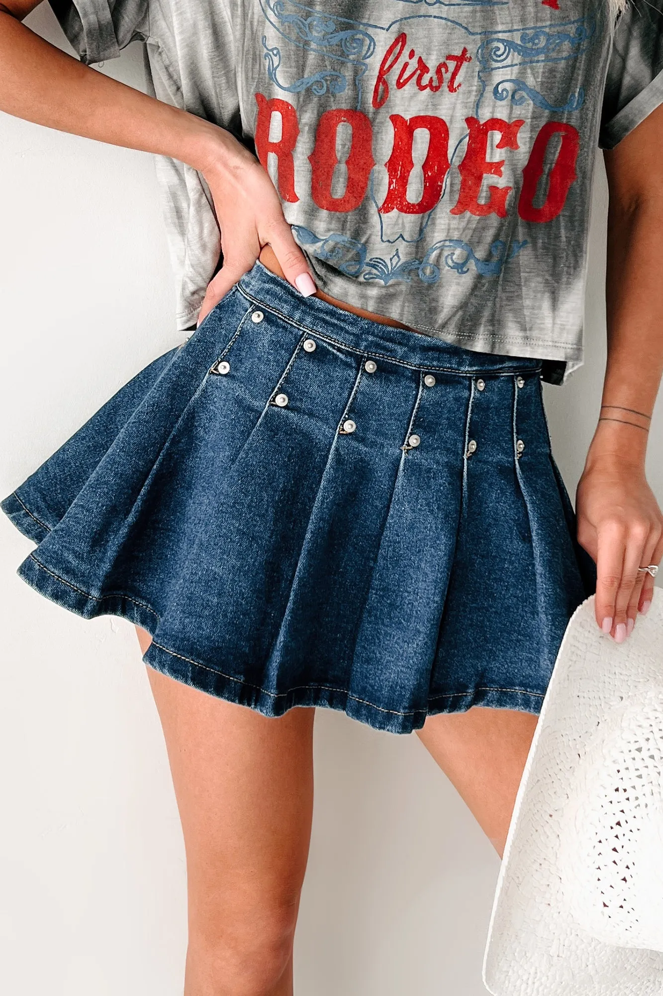 Boastful Generation Gatlin Pleated Mini Skirt (Denim) Abrasion resistant